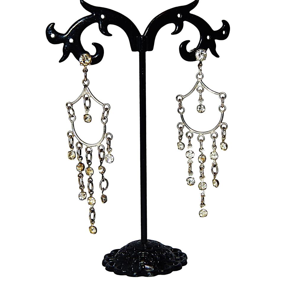 Vintage Shield Shape Hoop With Chained Rhinestone Fringe Chandelier Earrings